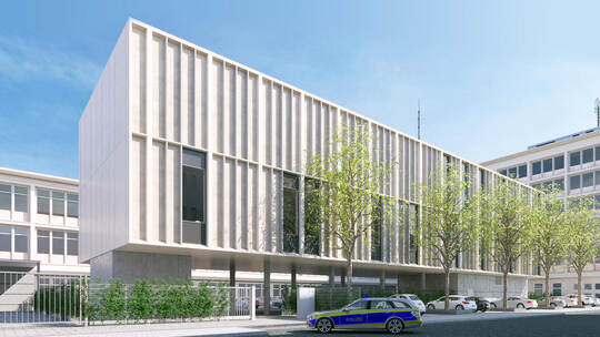 Ansicht des Neubaus vom Führungs- und Lagezentrum entlang der Kiehnlestraße .Visualisierung: harderstumpflschramm ArchitektenVis