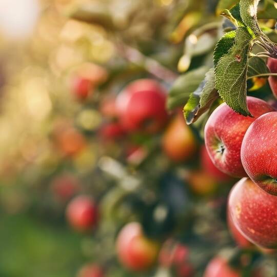 large ripe apples clusters hanging heap on a tree branch in an intense apple orchard. with copy space image. Place for adding te