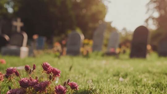 A field of graves with one flower blooming brightly.
