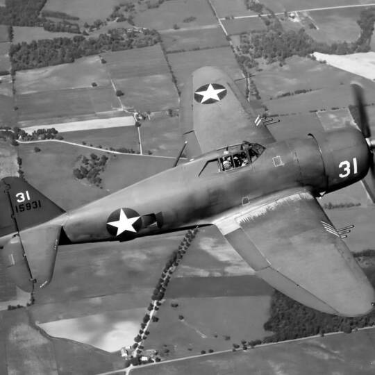 A Republic P-47 Thunderbolt in flight, the American World War II fighter aircraft produced from 1941 through 1945. It was a su