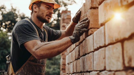 Skilled bricklayer carefully constructing a new wall at sunrise
