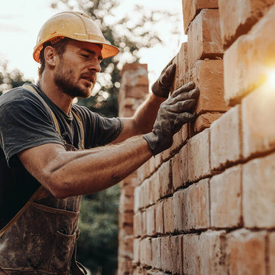 Skilled bricklayer carefully constructing a new wall at sunrise