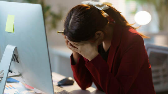 Young businesswoman is sitting at her desk with her head in her hands, suffering from a headache after working on a computer