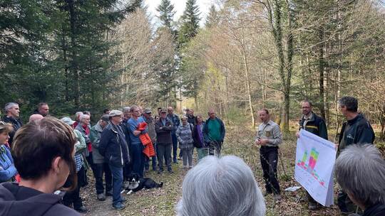 Tobias Miller von der Forstdirektion Freiburg (Dritter von rechts) plant gemeinsam mit Revierförster Michael Bruder und dem stel