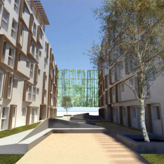 So sähen die Innenhöfe aus, zur Straße hin geschützt durch begrünte Elemente. Visulaisierung Bebauungsstudie Studentenwohnheim Hohenzollernstraße