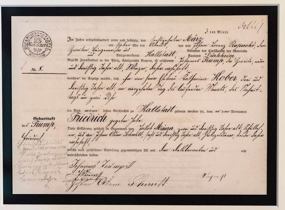 Geburtsurkunde des Großvaters von US-Präsident Trump