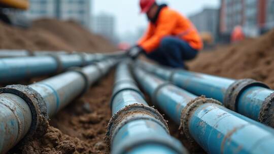 Blue water pipes installation. Worker installs underground pipes for water, sewerage, electricity, fiber optics. Construction dr