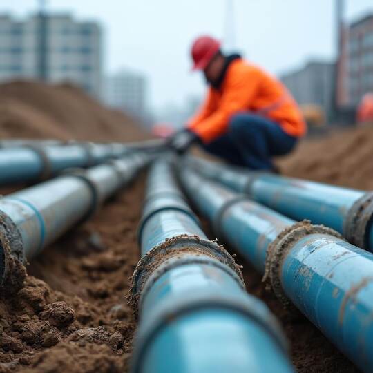 Blue water pipes installation. Worker installs underground pipes for water, sewerage, electricity, fiber optics. Construction dr