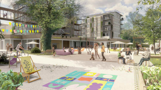 So könnte der Alte Schlachthof nach seiner Umgestaltung mit neuen Gebäuden und einem gestalteten Außenraum aussehen. Visualisier