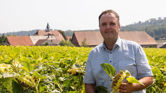 Sonnenblumen, soweit das Auge reicht: Ulrich Horsch vom Elfingerhof mitten im Feld. Das Anbaugebiet ist vielen bekannt, denn es Ulrich Horsch Sonnenblumen Elfingerhof