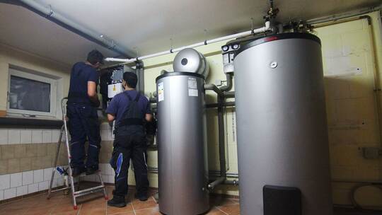 Handwerker stellen eine Wärmepumpe ein Handwerker stellen eine Wärmepumpe ein