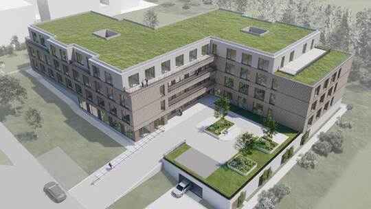 So soll das Seniorenzentrum in Schömbergs „Neuer Mitte“ fertig aussehen. Auf dem Dach sind noch Photovoltaikanlagen und Wärmepum
