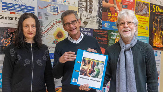 Den Wegweiser für mehr Nachhaltigkeit an der Musikschule Pforzheim halten (von rechts) der ehemalige VHS-Leiter Jürgen Will, der