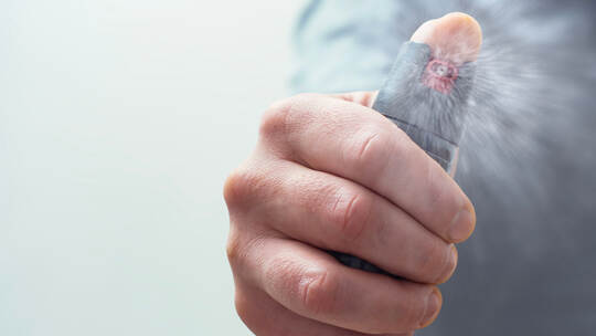 Close-Up of hand holding pepper spray, self-defense and security concept.