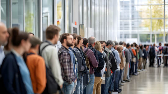 Long queue at a job fair emphasizing unemployment rates