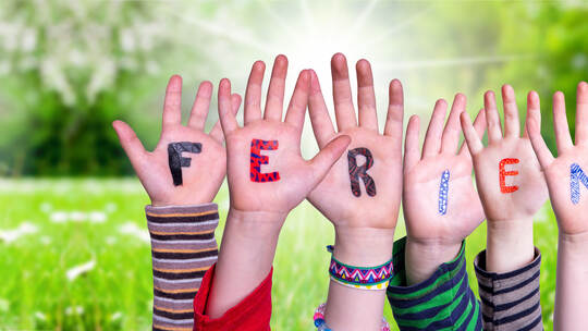Children Hands Building Word Ferien Means Holidays, Grass Meadow