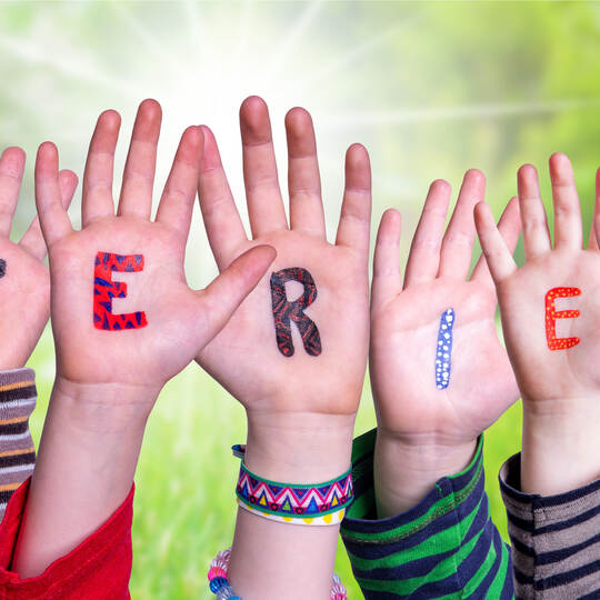 Children Hands Building Word Ferien Means Holidays, Grass Meadow