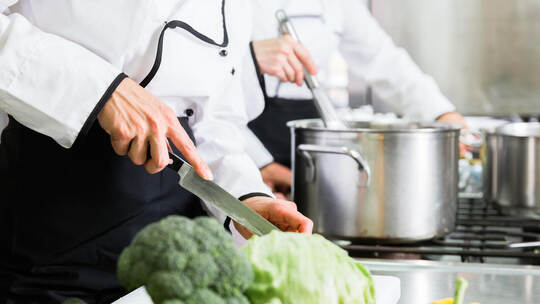 chefs preparing meals in commercial kitchen