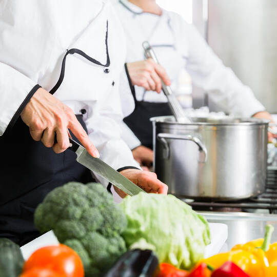 chefs preparing meals in commercial kitchen