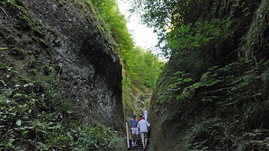 Wanderer gehen durch die Marienschlucht am Bodensee