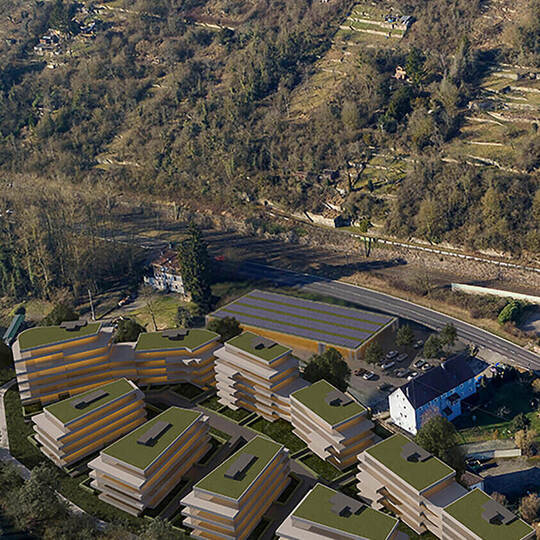 Diese Visualisierung zeigt, wie das Gelände der ehemaligen Lederfabrik am Enzberger Ortseingang künftig aussehen könnte. Klar is