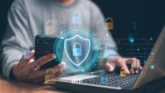Cybersecurity and digital privacy. Person use smartphone and laptop with virtual shield, padlock icons. OTP authentication, data