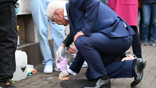 Bundespräsident Frank-Walter Steinmeier reinigt Stolpersteine Bundespräsident Frank-Walter Steinmeier reinigt Stolpersteine