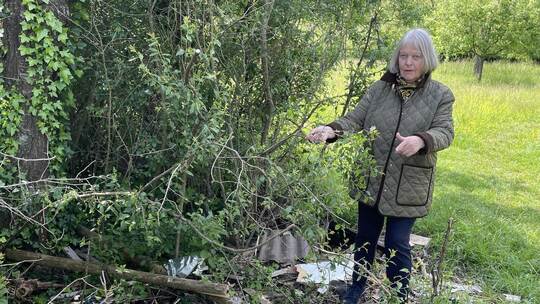 Sonnenhof-Anwohnerin Karin Eberhardt zeigt die traurigen Überreste eines vormals stattlichen Hochsitzes, der völlig zertrümmert