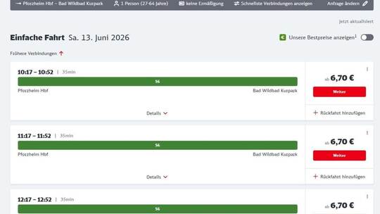 Laut DB-Abfrage an diesem Montag fährt die S 6 angeblich auch noch am Samstag durchs Obere Enztal. Stimmt nicht. Foto: Screensho