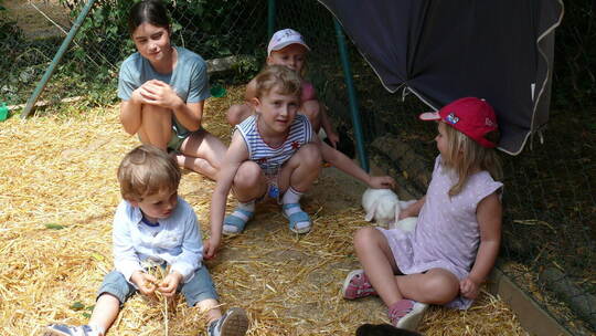 Streichelzoo mit niedlichen Kaninchen: Große Freude am Knuddeln haben die jüngsten Besucher Lilli (13, hinten von links), Thea (