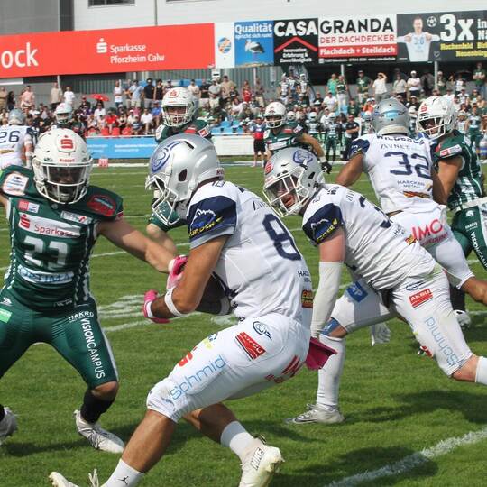 Die Schwäbisch Hall Unicorns (in Grün) zeigten den Pforzheim Wilddogs (am Ball Mika Eksi) die Grenzen auf. Jürgen Keller