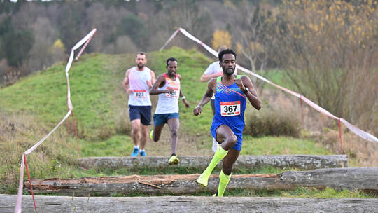 Bei Crossläufen gehören auch Hindernisse wie Baumstämme dazu. Auch beim Sparkassencross in Huchenfeld (im Bild vorn Yihun Fantah
