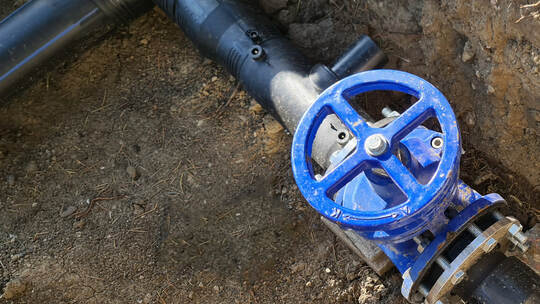 Blue faucet to control sewerage system in ground.