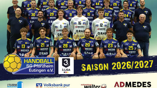 Handball-Drittligist SG Pforzheim/Eutingen 2026/27: (hinten von links) Arved Horchheimer, Matej Mikita, Nils Ackermann, Maximili