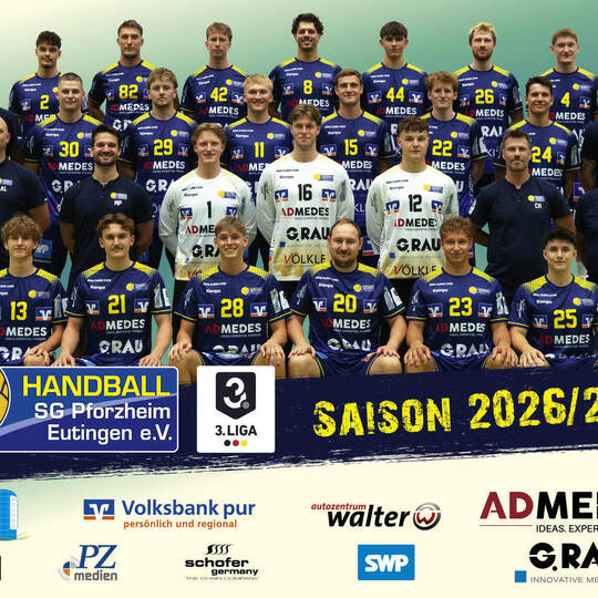 Handball-Drittligist SG Pforzheim/Eutingen 2026/27: (hinten von links) Arved Horchheimer, Matej Mikita, Nils Ackermann, Maximili