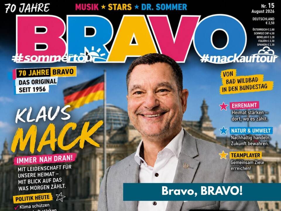 Klaus Macks Glückwunsch an die Jugendzeitschrift, bei der er sich als Verbeugung auf ein Titelblatt mogelt. KI-Darstellung: Mack