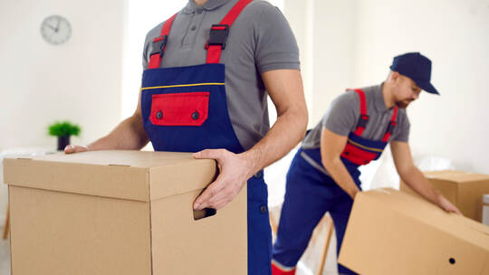 Male movers with boxes unload client belongings