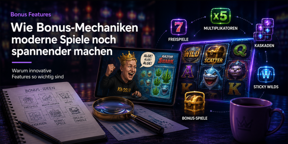 Moderne Slot Features im Überblick mit Knossi im Hintergrund auf einem Tablet