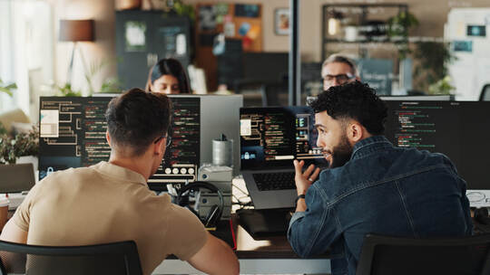 Man, developer and help with coding on computer screen in office for testing web application or troubleshooting. Programming, st