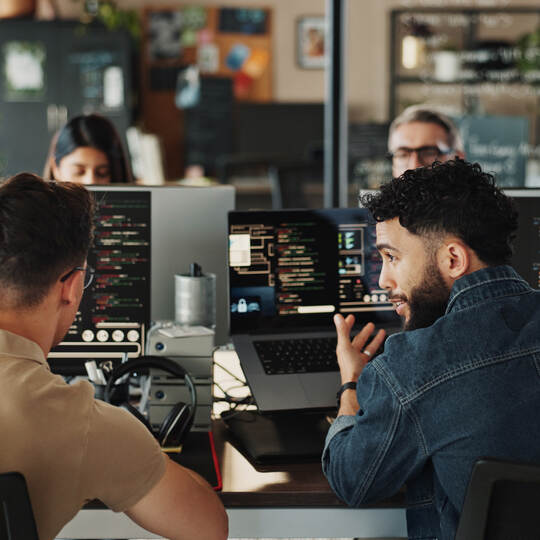 Man, developer and help with coding on computer screen in office for testing web application or troubleshooting. Programming, st