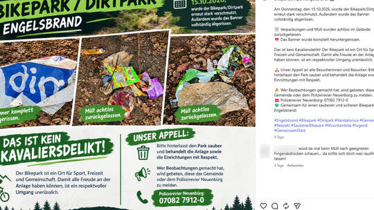 Banner heruntergerissen, Müll achtlos auf den Boden geworfen: Auf Instagram beklagt die Gemeinde Engelsbrand wieder Verschmutzun