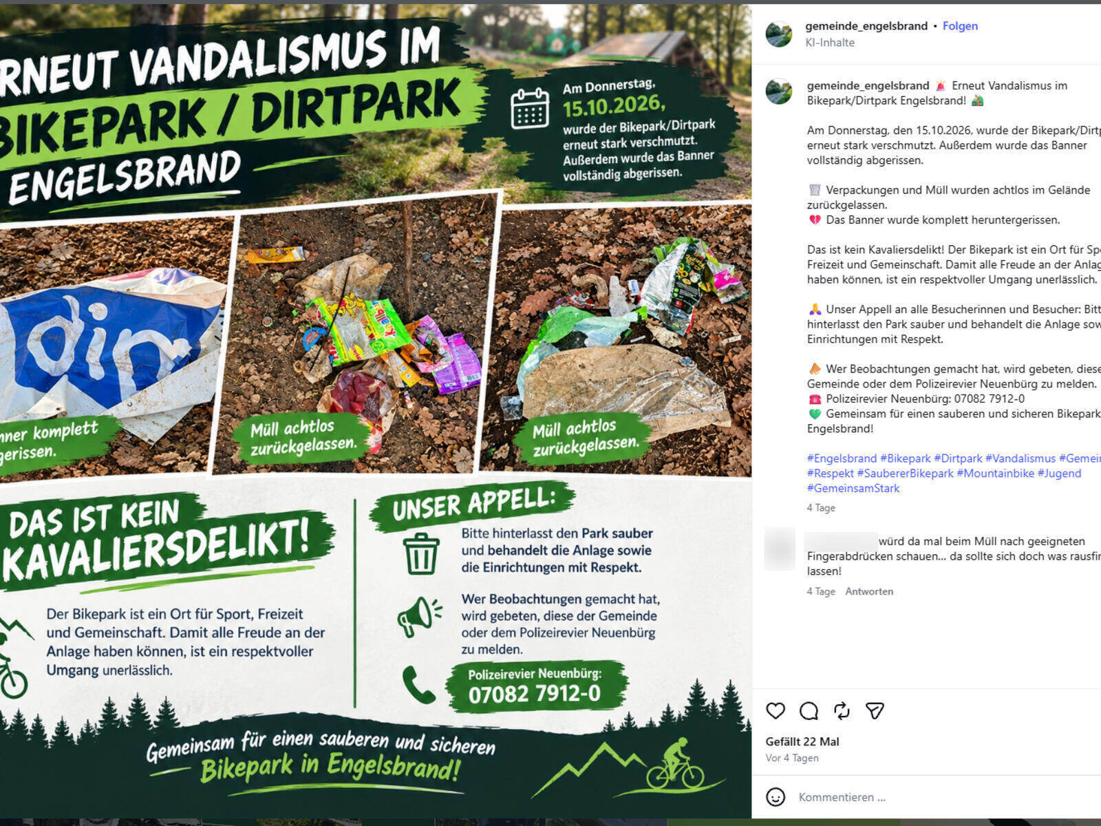 Schon wieder wird Engelsbrander Bikepark Opfer von Vandalismus