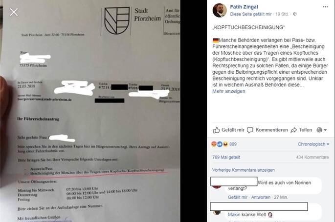 Nach diesem Facebook-Post von Fatih Zingal hat es die Stadt Pforzheim mit einer Welle der Empörung zu tun und weist nun Vorwürfe der Diskriminierung und der Islamophobie entschieden zurück. (Die Unkenntlichmachung des Dokuments erfolgte bereits im Original-Facebook-Post. Die Unkenntlichmachung der Namen bei den Facebook-Kommentaren erfolgte durch die PZ. )