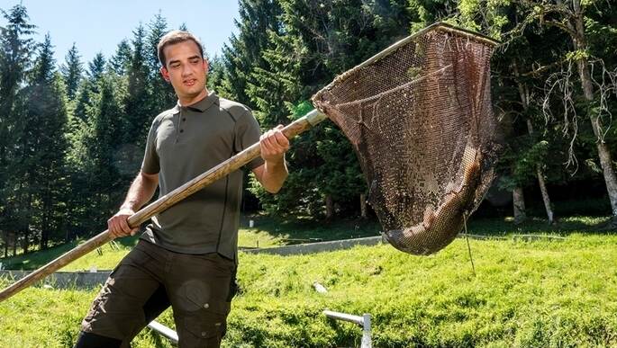 Fischwirt Sebastian Treß mustert seine Zucht im Forellenhof Buhlbachtal. Der wird von den Inhabern des Drei-Sterne-Restaurants Bareiss in Baiersbronn-Mitteltal betrieben. Foto: Privat