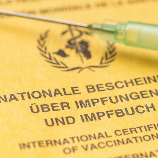 Nahaufnahme eines Impfbuchs mit Spritze