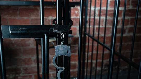 Open handcuffs hang on the cage. Successful release from liability
