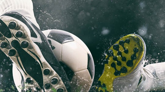 Football scene at night match with close up of a soccer shoe hitting the ball with power