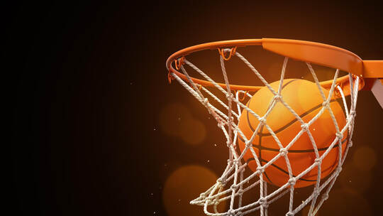 3d rendering of a basketball in the net on a dark background.