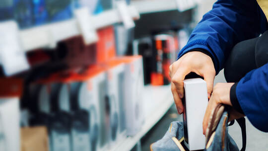 close up the consumer thief’s hands putting the new gadget in the pocket in the store
