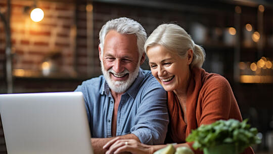 Elderly man and woman are sitting at a table with a laptop